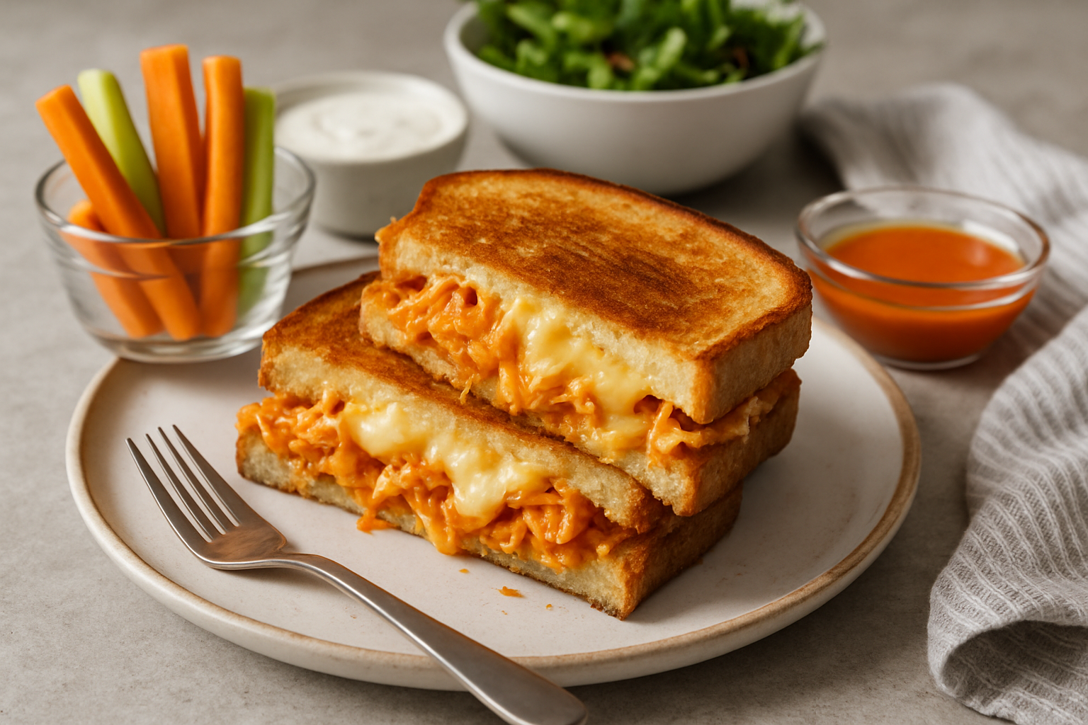 Supporting editorial illustration for Buffalo Chicken Grilled Cheese: A Spicy Twist on a Classic Sandwich