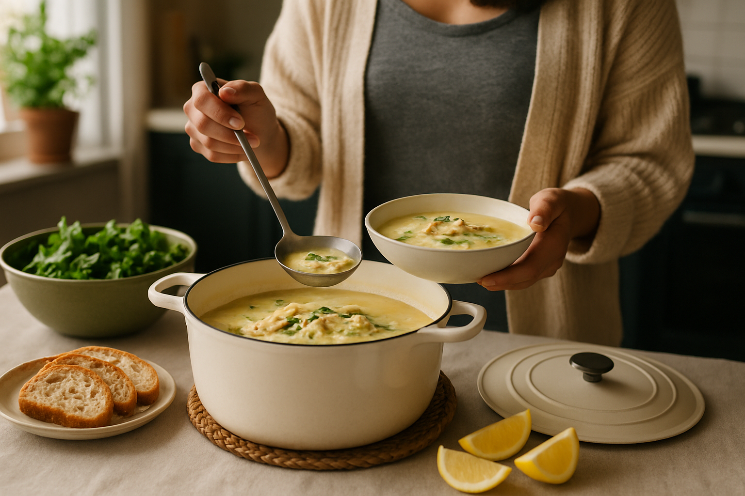 Supporting editorial illustration for Greek Chicken Soup: A Cozy and Budget-Friendly Dinner