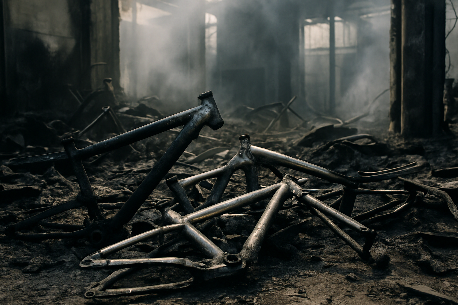 Supporting editorial illustration for Fire Devastates Atherton Bikes Factory in Wales