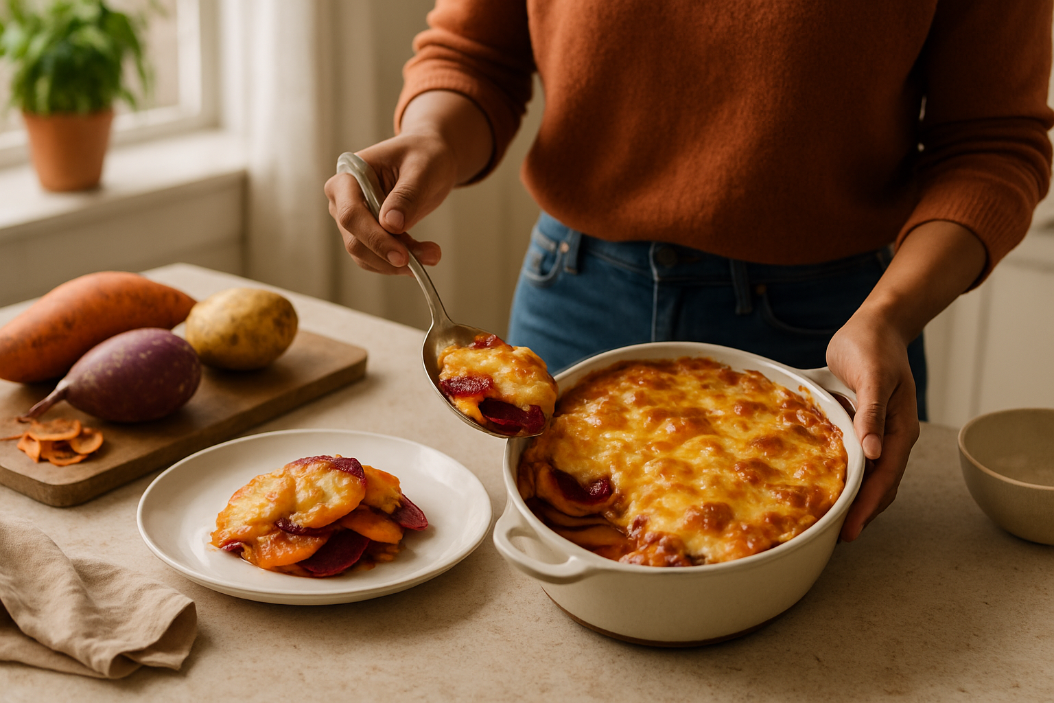 Supporting editorial illustration for Cheesy Root Vegetable Gratin