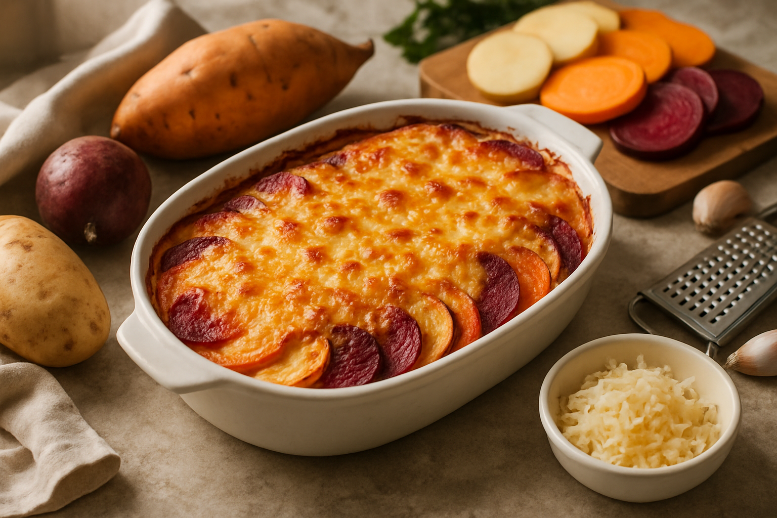 Editorial illustration for Cheesy Root Vegetable Gratin