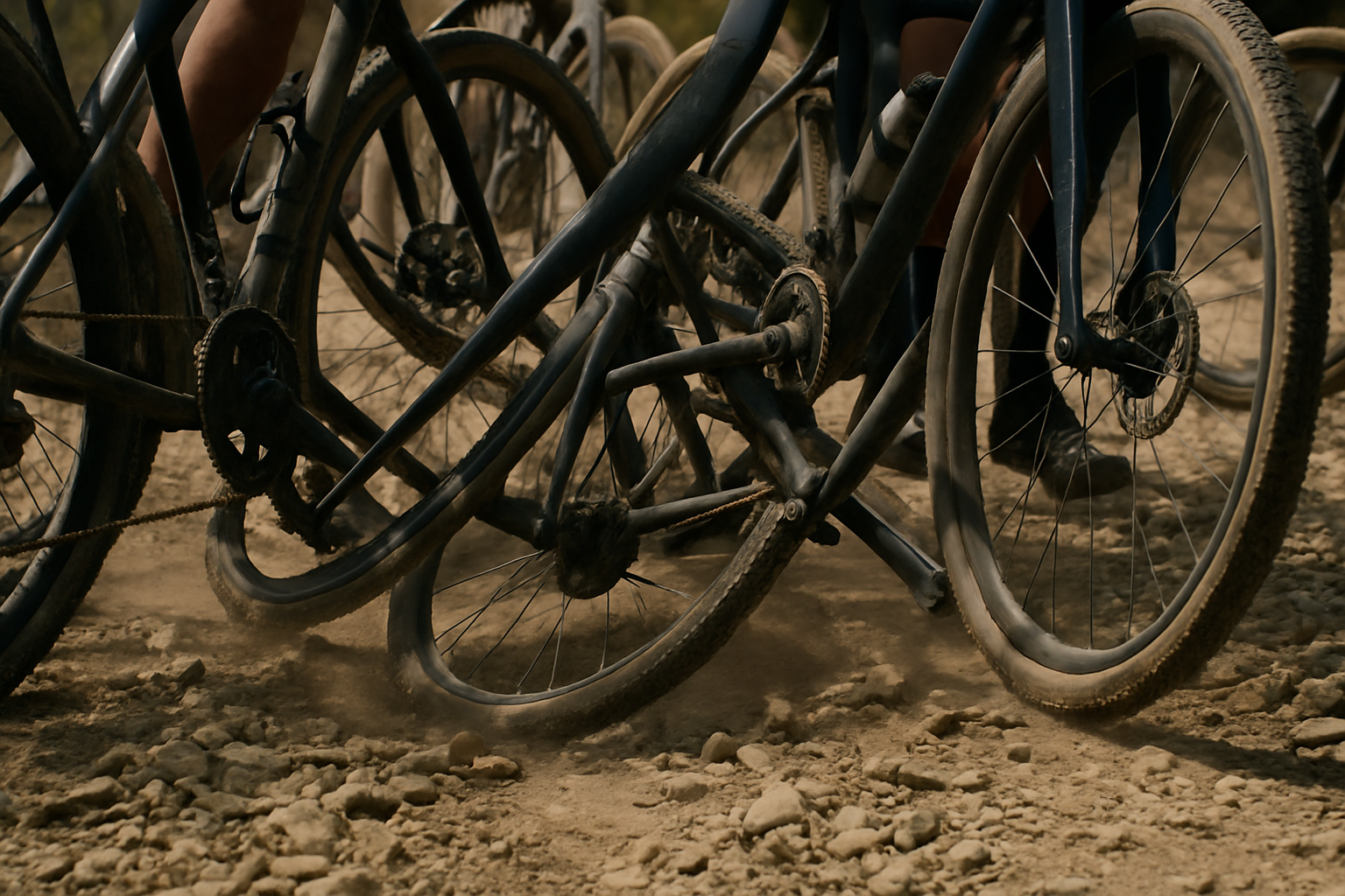 Supporting editorial illustration for Unexpected Jostling at Gravel World Championships as Leaders Navigate Through Age Group Racers