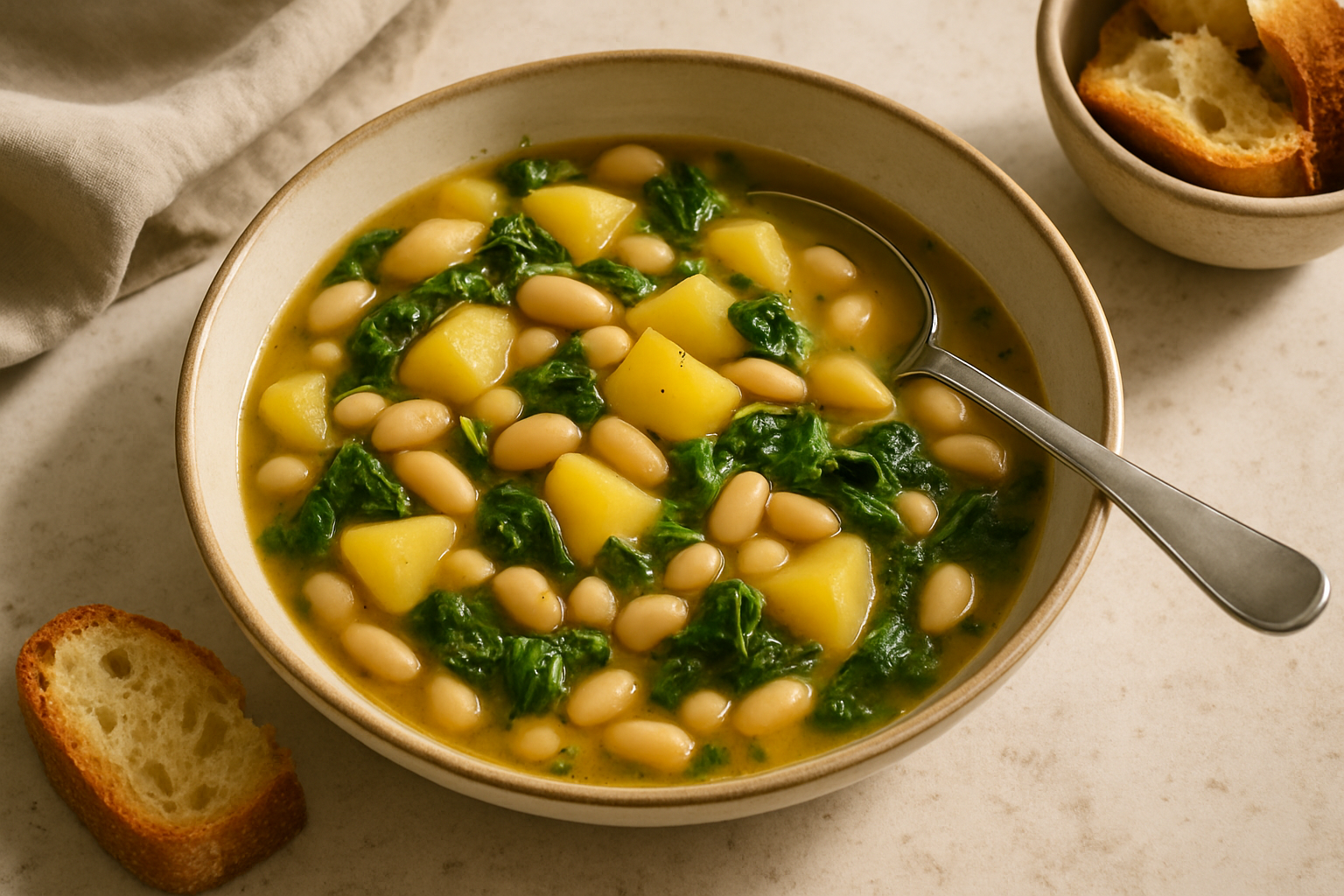 Supporting editorial illustration for Filling White Bean Stew with Potatoes and Greens: A Wholesome Comfort Meal