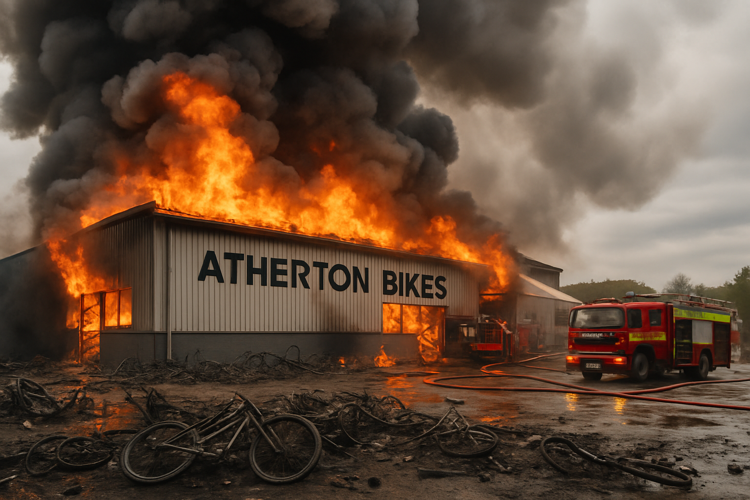Editorial illustration for Fire Devastates Atherton Bikes Factory in Wales