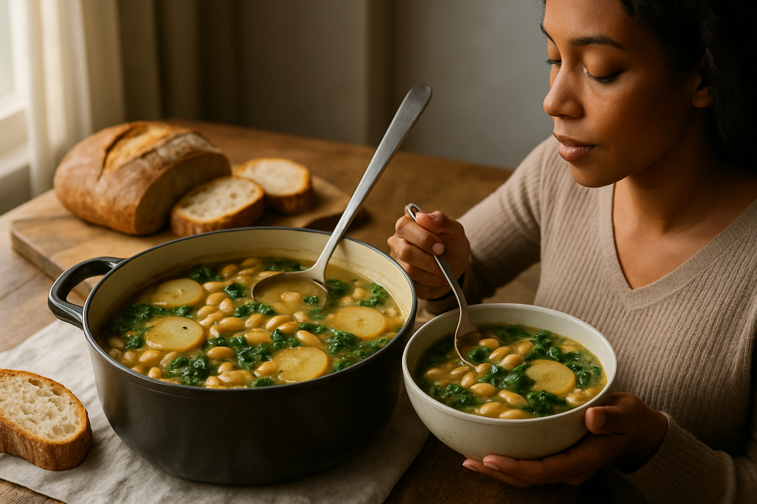 Editorial illustration for Filling White Bean Stew with Potatoes and Greens: A Wholesome Comfort Meal